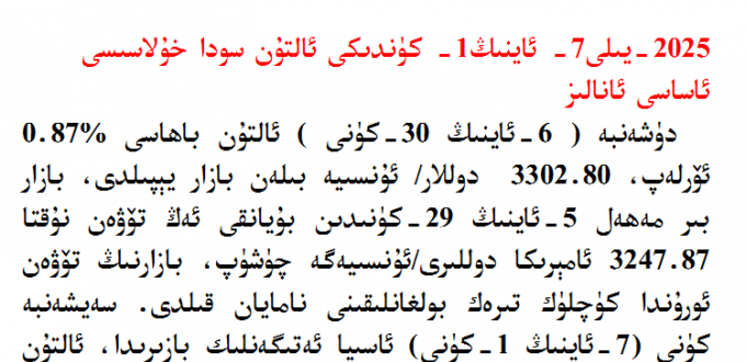 2025يىلى7- ئاينىڭ1- كۈندىكى ئالتۇن سودا خۇلاسىسى  